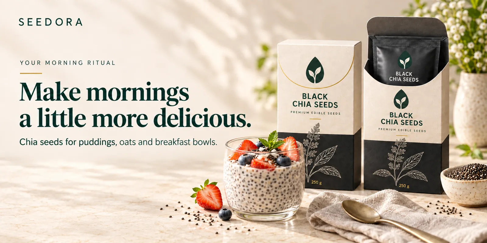 Seedora — Make mornings a little more delicious. Chia seeds for puddings, oats and breakfast bowls.