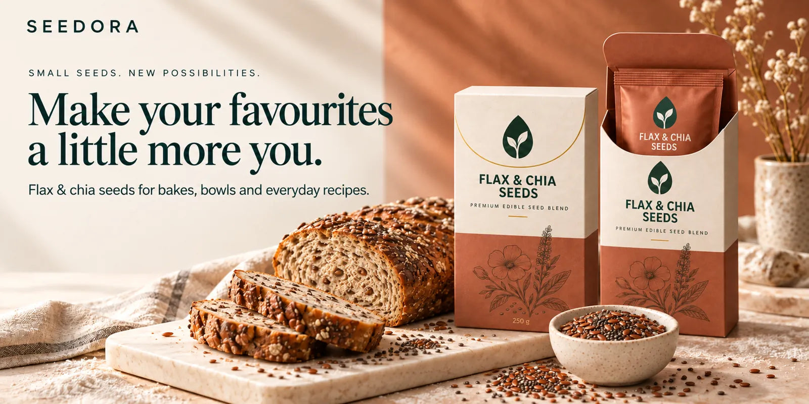 Seedora — Make your favourites a little more you. Flax & chia seeds for bakes, bowls and everyday recipes.