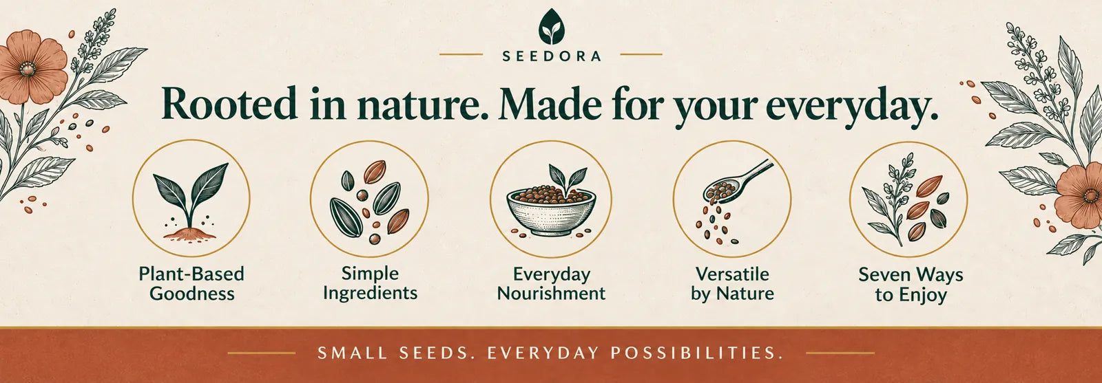 Seedora. Rooted in nature. Made for your everyday. Plant-based goodness, simple ingredients, everyday nourishment, versatility and seven ways to enjoy.